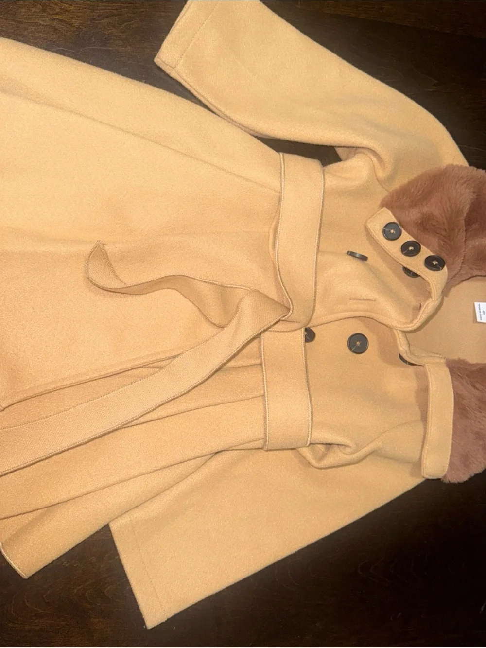 SHEIN Girls' Camel Pea Coat with Brown Faux Fur Collar